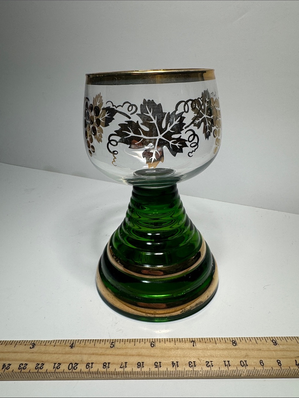 Vintage German Roemer Reuge Musical Wine Glass Green Stem Gold-Gilded drinking